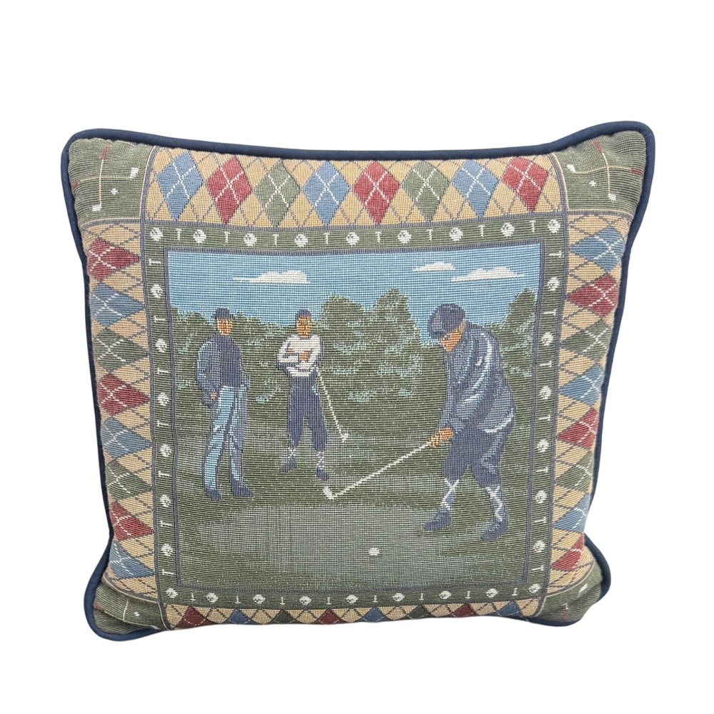 Vintage Golf Needlepoint Tapestry Throw Pillow Navy Blue Mens Gift Office
